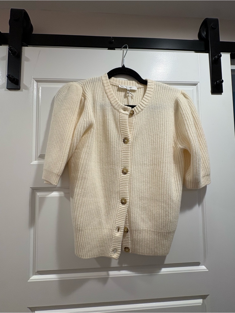 Frame Denim Cream Short Sleeve Ribbed Button Cardigan